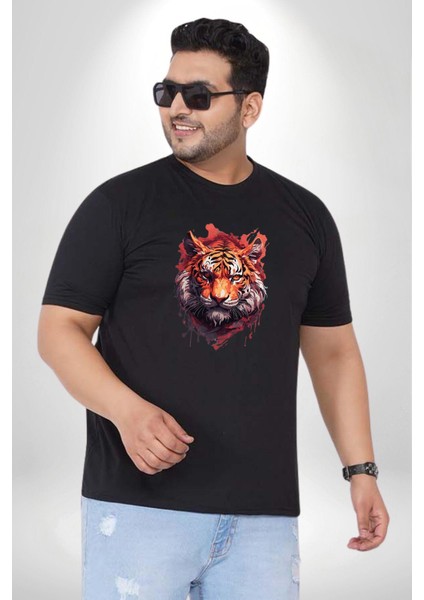 Kaplan Kafası Siyah Büyük Beden Erkek Kadın Unisex Basic Ön Baskılı Tişört fırsatları