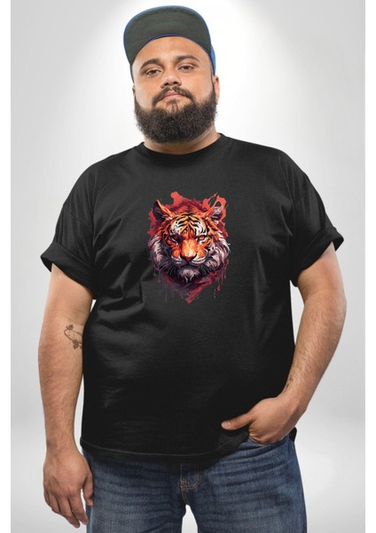 Kaplan Kafası Siyah Büyük Beden Erkek Kadın Unisex Basic Ön Baskılı Tişört indirimleri