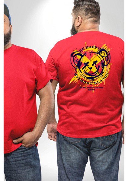 Sebep Olmadan Mutlu Ol Büyük Beden Kırmızı Tişört Kadın Erkek Ünisex Sırt Baskılı fiyatları