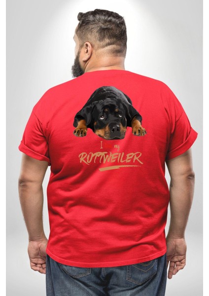 Rottweiler Sevgisi Büyük Beden Kırmızı Tişört Kadın Erkek Ünisex Sırt Baskılı fırsatları
