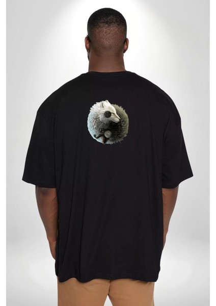 Yin Ile Yang Beyaz Siyah Kurt Büyük Beden Siyah Tişört Kadın Erkek Ünisex Sırt Baskılı