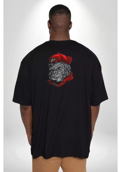 Siyah Şapka Maymun Büyük Beden Siyah Tişört Kadın Erkek Ünisex Sırt Baskılı