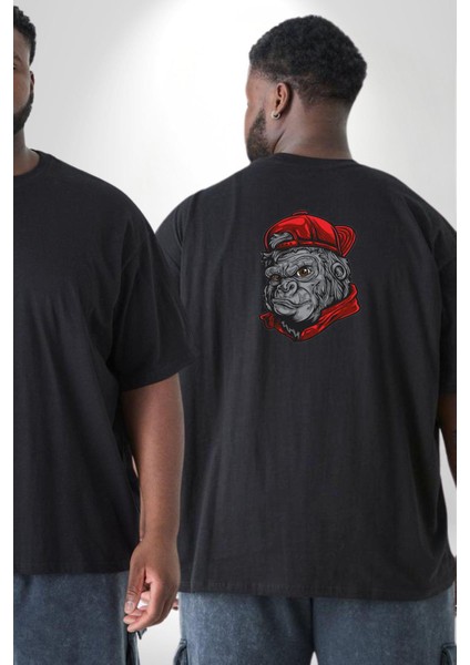 Siyah Şapka Maymun Büyük Beden Siyah Tişört Kadın Erkek Ünisex Sırt Baskılı fiyatları