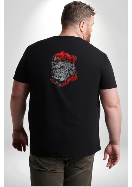 Siyah Şapka Maymun Büyük Beden Siyah Tişört Kadın Erkek Ünisex Sırt Baskılı fırsatları