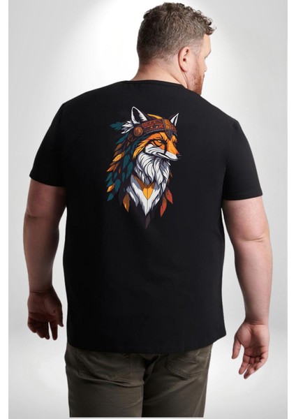Kızılderili Tilki Büyük Beden Siyah Tişört Kadın Erkek Ünisex Sırt Baskılı