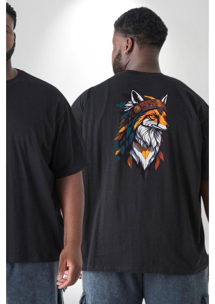 Kızılderili Tilki Büyük Beden Siyah Tişört Kadın Erkek Ünisex Sırt Baskılı fiyatları