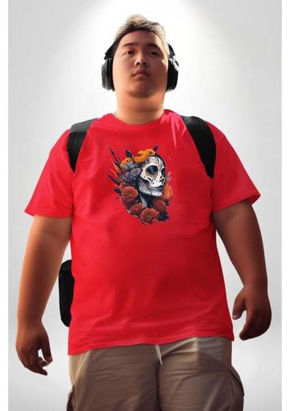 Maske Dövmeli Çiçekli Kız Kırmızı Büyük Beden Erkek Kadın Unisex Basic Ön Baskılı Tişört