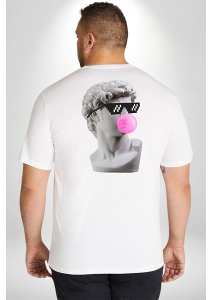 Gözlüklü David'İn Kafasının Alçı Heykeli Büyük Beden Beyaz Tişört Kadın Erkek Ünisex Sırt Baskılı