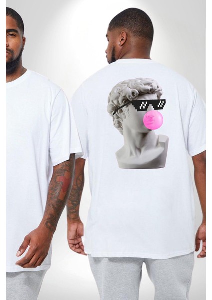 Gözlüklü David'İn Kafasının Alçı Heykeli Büyük Beden Beyaz Tişört Kadın Erkek Ünisex Sırt Baskılı fiyatları