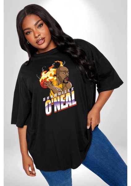 Basketbol Shaquille Oneal Star Ateş Topu Siyah Büyük Beden Erkek Kadın Unisex Basic Ön Baskılı Tişört