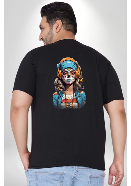 Hippie Cesur Stil Dövmeli Kız Büyük Beden Siyah Tişört Kadın Erkek Ünisex Sırt Baskılı