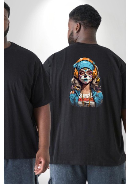 Hippie Cesur Stil Dövmeli Kız Büyük Beden Siyah Tişört Kadın Erkek Ünisex Sırt Baskılı fiyatları