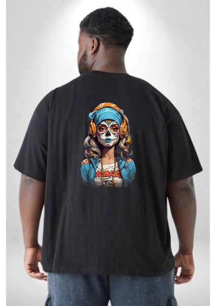Hippie Cesur Stil Dövmeli Kız Büyük Beden Siyah Tişört Kadın Erkek Ünisex Sırt Baskılı fırsatları