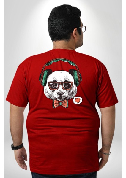 Kulaklıklı Hipster Portre Panda Büyük Beden Kırmızı Tişört Kadın Erkek Ünisex Sırt Baskılı