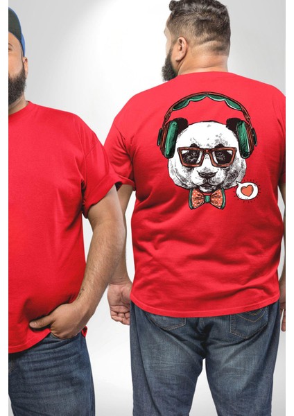Kulaklıklı Hipster Portre Panda Büyük Beden Kırmızı Tişört Kadın Erkek Ünisex Sırt Baskılı fiyatları