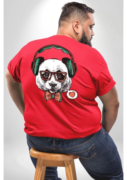 Kulaklıklı Hipster Portre Panda Büyük Beden Kırmızı Tişört Kadın Erkek Ünisex Sırt Baskılı fırsatları