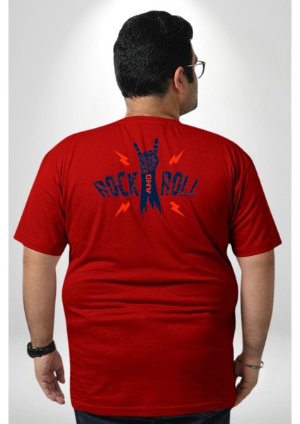Rock And Roll Rock El Işareti Büyük Beden Kırmızı Tişört Kadın Erkek Ünisex Sırt Baskılı