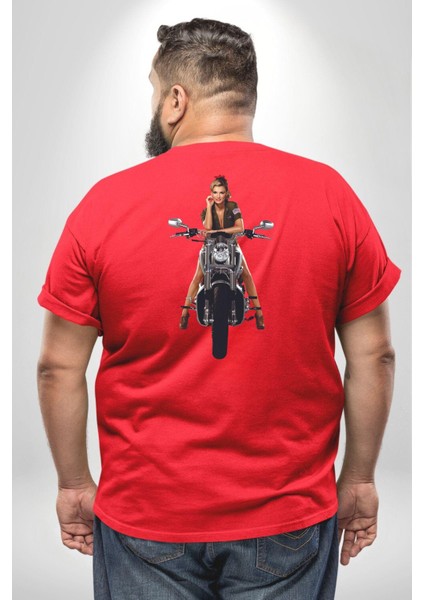 Motosiklet Kadın Büyük Beden Kırmızı Tişört Kadın Erkek Ünisex Sırt Baskılı