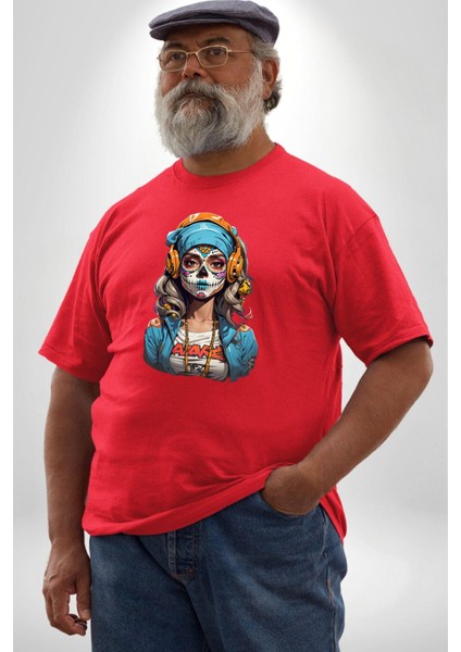 Hippie Cesur Stil Dövmeli Kız Kırmızı Büyük Beden Erkek Kadın Unisex Basic Ön Baskılı Tişört