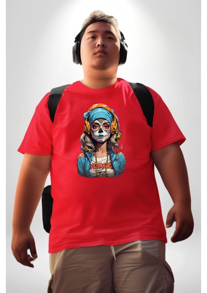 Hippie Cesur Stil Dövmeli Kız Kırmızı Büyük Beden Erkek Kadın Unisex Basic Ön Baskılı Tişört fırsatları