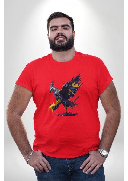 Kara Kartal Sulu Boya Kırmızı Büyük Beden Erkek Kadın Unisex Basic Ön Baskılı Tişört modelleri