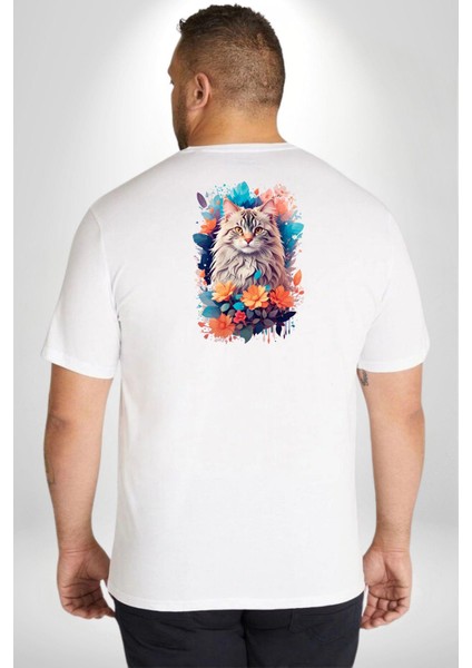 Çiçek Kedi Sulu Boya Büyük Beden Beyaz Tişört Kadın Erkek Ünisex Sırt Baskılı