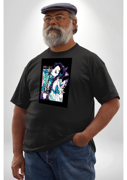 Shinobu Kocho Demon Slayer Siyah Büyük Beden Erkek Kadın Unisex Basic Ön Baskılı Tişört fırsatları