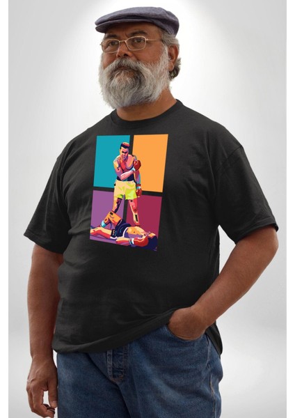 Muhammed Ali Boks Ayağa Kalk Ve Dövüş Siyah Büyük Beden Erkek Kadın Unisex Basic Ön Baskılı Tişört