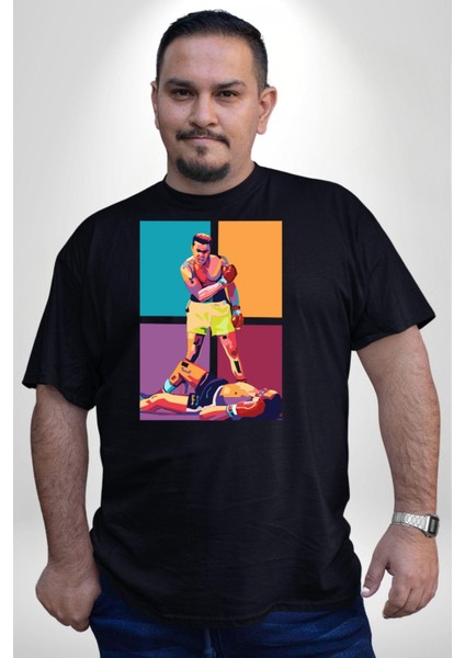 Muhammed Ali Boks Ayağa Kalk Ve Dövüş Siyah Büyük Beden Erkek Kadın Unisex Basic Ön Baskılı Tişört