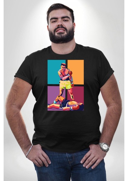 Muhammed Ali Boks Ayağa Kalk Ve Dövüş Siyah Büyük Beden Erkek Kadın Unisex Basic Ön Baskılı Tişört