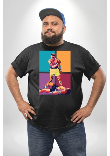Muhammed Ali Boks Ayağa Kalk Ve Dövüş Siyah Büyük Beden Erkek Kadın Unisex Basic Ön Baskılı Tişört