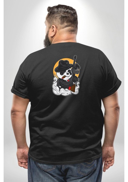 Gangster Panda Büyük Beden Siyah Tişört Kadın Erkek Ünisex Sırt Baskılı