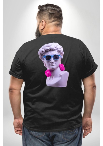 Kulaklık Gözlük Pop Art Heykel Büyük Beden Siyah Tişört Kadın Erkek Ünisex Sırt Baskılı