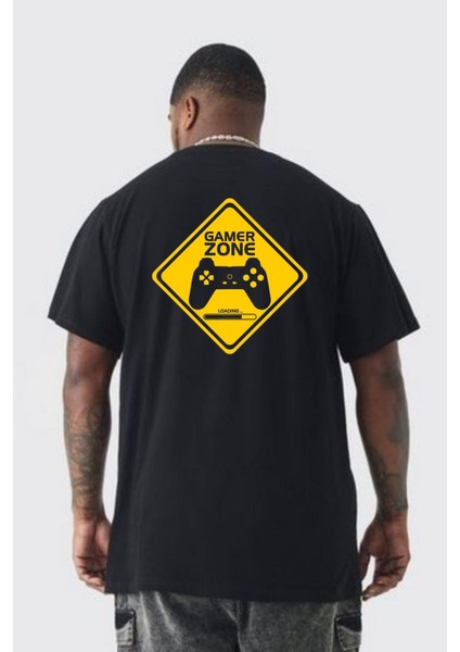 Game Oyun Alanı Büyük Beden Siyah Tişört Kadın Erkek Ünisex Sırt Baskılı