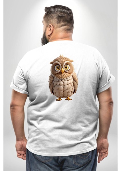 Baykuş Büyük Beden Beyaz Tişört Kadın Erkek Ünisex Sırt Baskılı