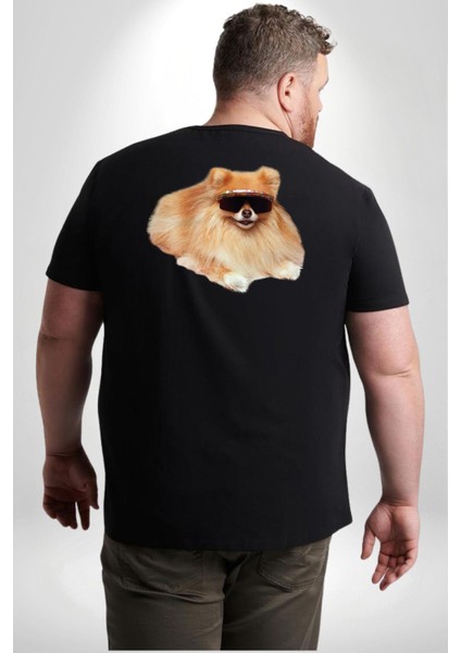 Pomernian Köpek Büyük Beden Siyah Tişört Kadın Erkek Ünisex Sırt Baskılı