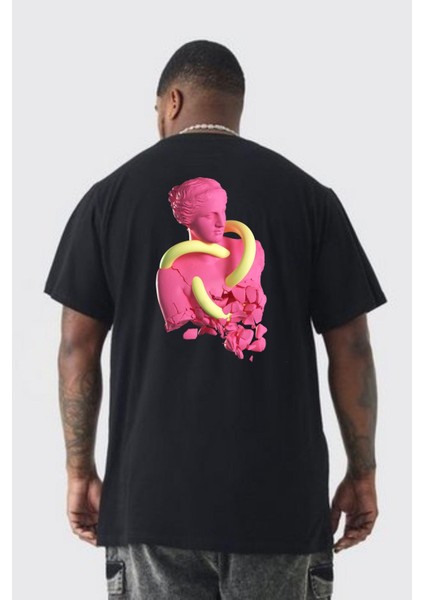 Pop Art Yaratıcı Heykel Pembe Büyük Beden Siyah Tişört Kadın Erkek Ünisex Sırt Baskılı