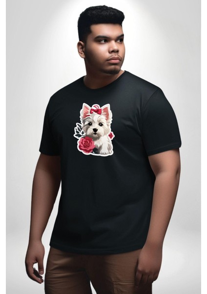 Beyaz Highland Teriyeri Kırmızı Gül Siyah Büyük Beden Erkek Kadın Unisex Basic Ön Baskılı Tişört fiyatları