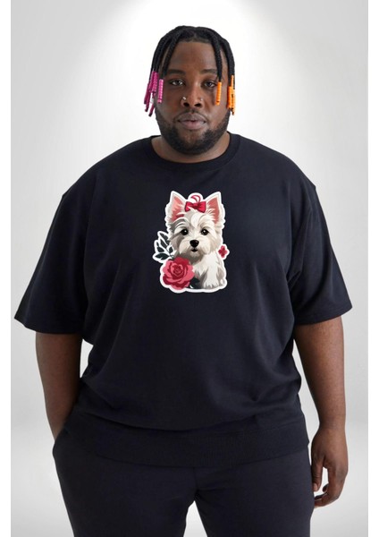 Beyaz Highland Teriyeri Kırmızı Gül Siyah Büyük Beden Erkek Kadın Unisex Basic Ön Baskılı Tişört modelleri