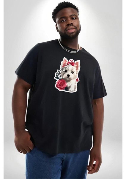 Beyaz Highland Teriyeri Kırmızı Gül Siyah Büyük Beden Erkek Kadın Unisex Basic Ön Baskılı Tişört fırsatları