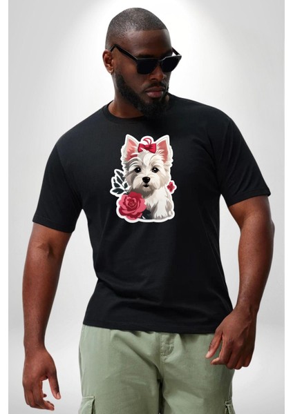 Beyaz Highland Teriyeri Kırmızı Gül Siyah Büyük Beden Erkek Kadın Unisex Basic Ön Baskılı Tişört indirimleri