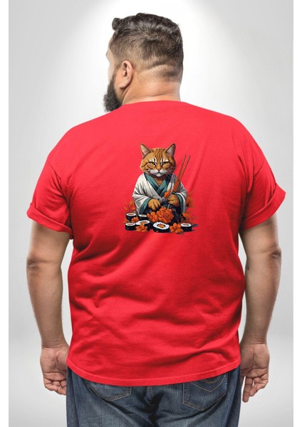 Suşi Balık Çiçek Japon Kedi Büyük Beden Kırmızı Tişört Kadın Erkek Ünisex Sırt Baskılı