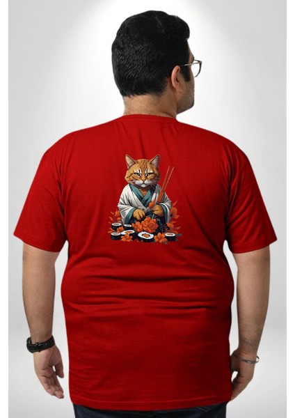 Suşi Balık Çiçek Japon Kedi Büyük Beden Kırmızı Tişört Kadın Erkek Ünisex Sırt Baskılı fırsatları