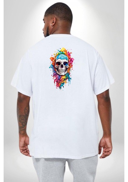 Renkli Kurukafa Büyük Beden Beyaz Tişört Kadın Erkek Ünisex Sırt Baskılı