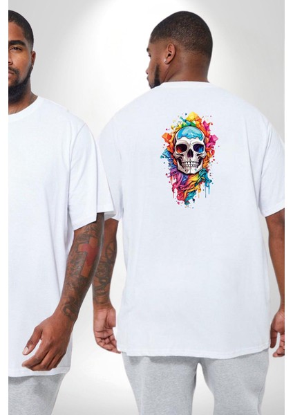 Renkli Kurukafa Büyük Beden Beyaz Tişört Kadın Erkek Ünisex Sırt Baskılı fiyatları