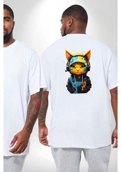 Bandana Kedi Kulaklık Çeket Büyük Beden Beyaz Tişört Kadın Erkek Ünisex Sırt Baskılı fiyatları