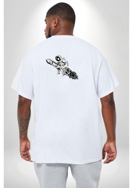 Roket Astronot Büyük Beden Beyaz Tişört Kadın Erkek Ünisex Sırt Baskılı