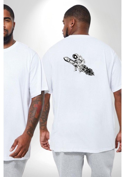 Roket Astronot Büyük Beden Beyaz Tişört Kadın Erkek Ünisex Sırt Baskılı fiyatları