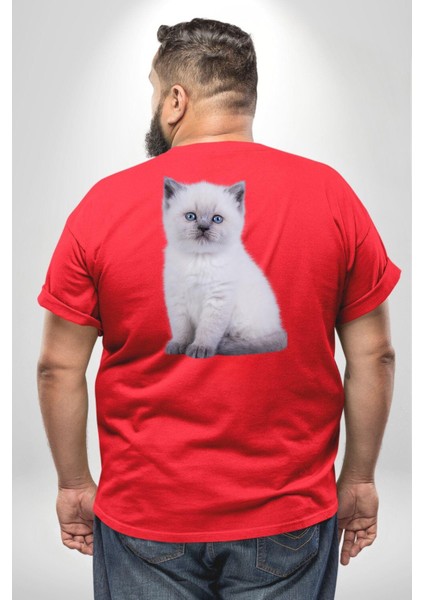 Beyaz Yavru Kedi Büyük Beden Kırmızı Tişört Kadın Erkek Ünisex Sırt Baskılı