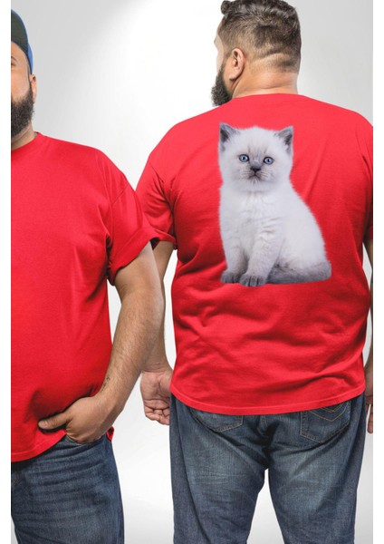Beyaz Yavru Kedi Büyük Beden Kırmızı Tişört Kadın Erkek Ünisex Sırt Baskılı fiyatları